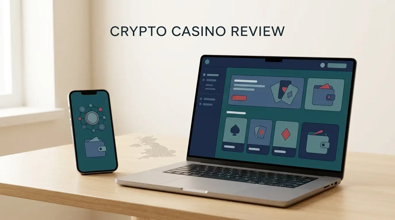 Editorial illustration of a laptop and phone showing a neutral crypto casino interface