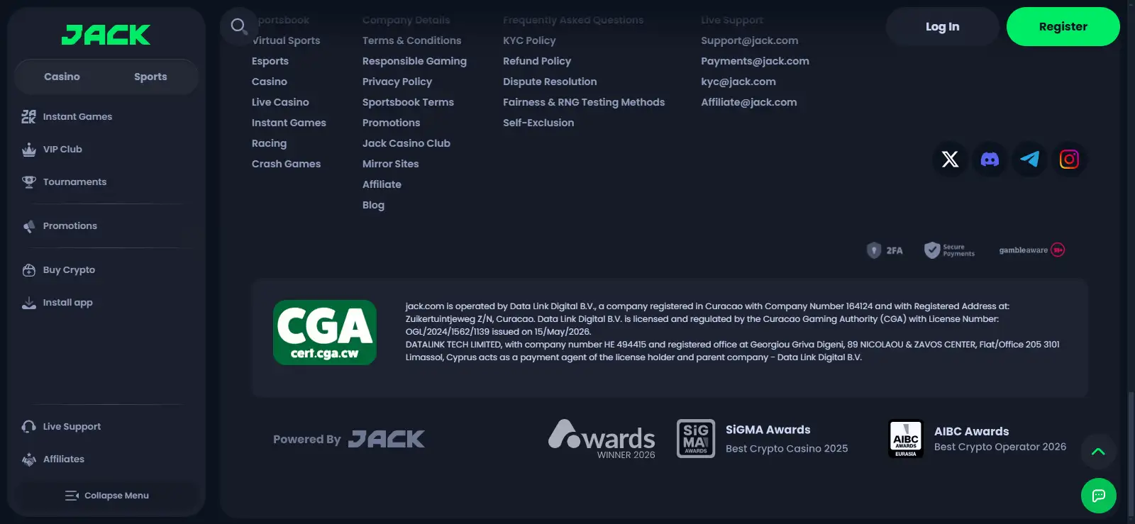 Jack.com operator and Curaçao licence details