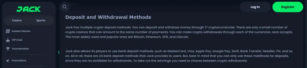 Current Jack.com cashier or deposit interface showing available payment categories without personal account data