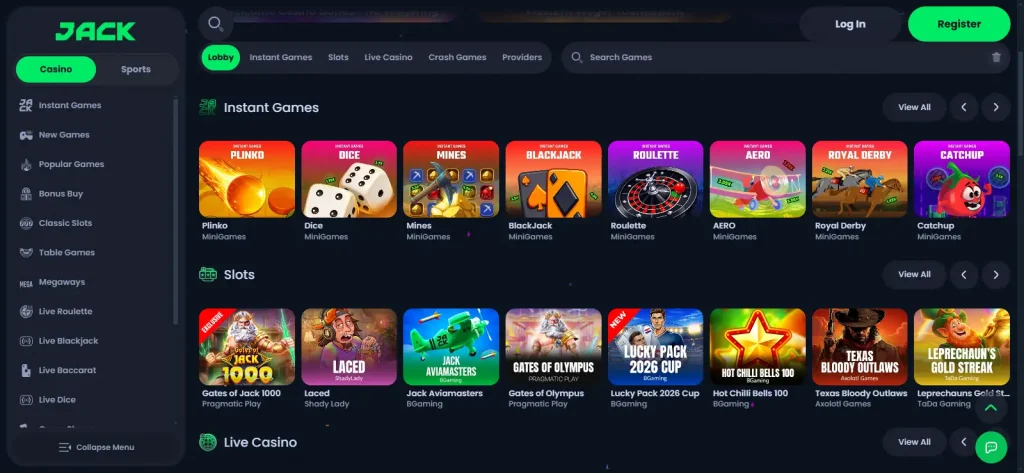 Current Jack.com casino lobby showing the main game-category navigation