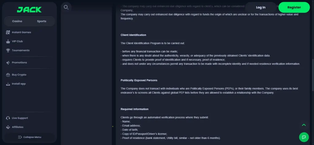 Current Jack.com KYC policy or verification material showing identity-check context