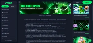 Current Jack.com welcome promotion panel showing the 100 free spins offer and headline conditions
