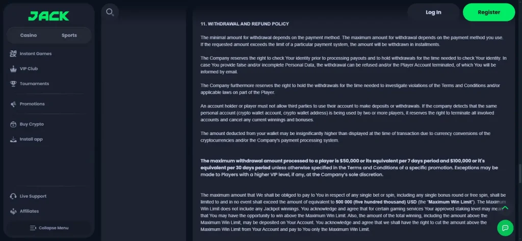 Current Jack.com withdrawal screen or official withdrawal guide showing the crypto cashout flow