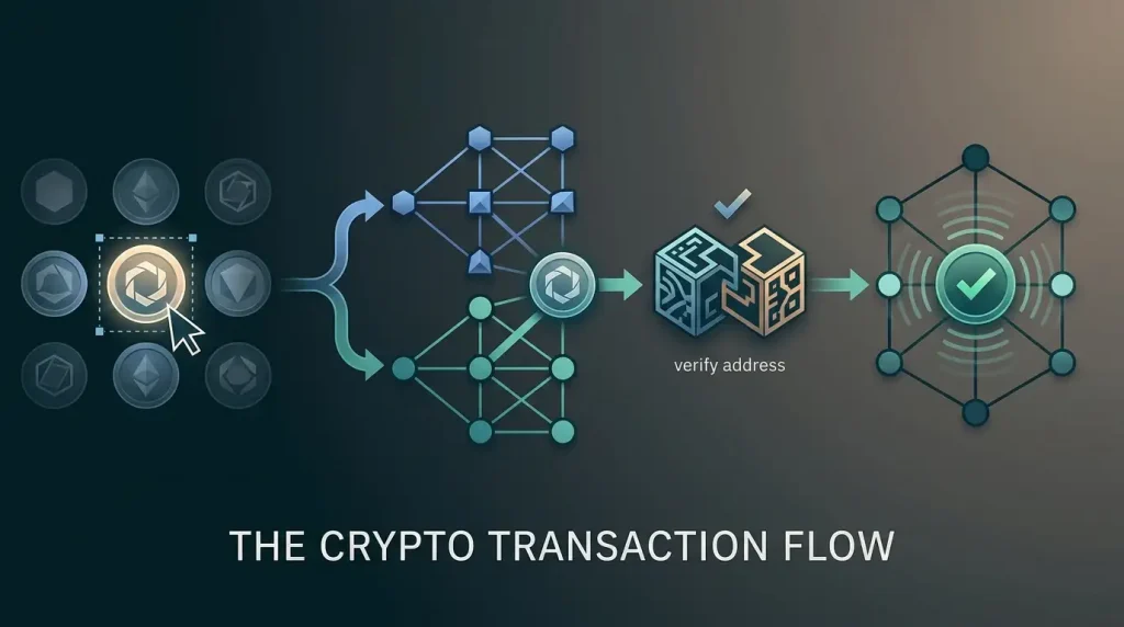 Educational crypto payment flow from asset selection through network verification to blockchain confirmation