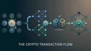 Educational crypto payment flow from asset selection through network verification to blockchain confirmation